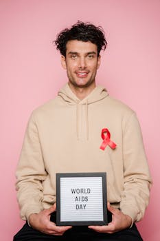 Smiling man holding sign with World AIDS Day message and red ribbon on pink background.